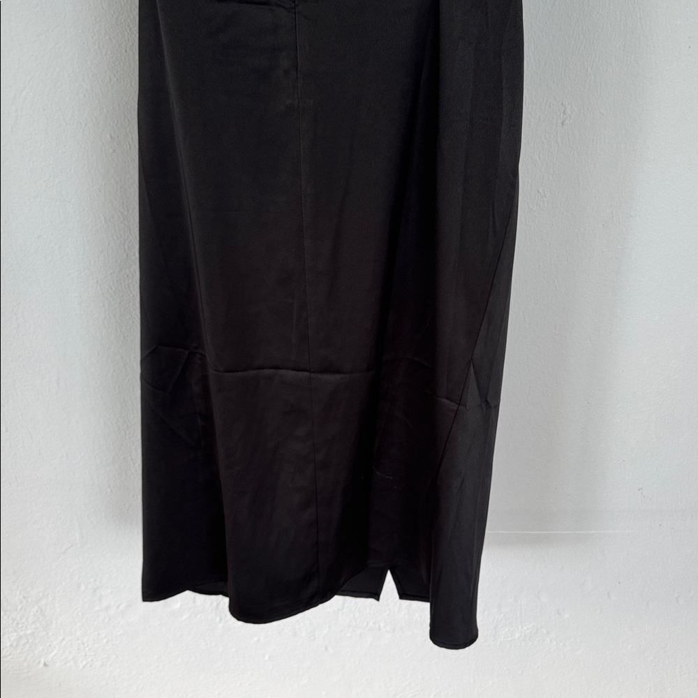Lulus black satin spaghetti strap cowl neck midi length wrap slit dress XL - Picture 9 of 11